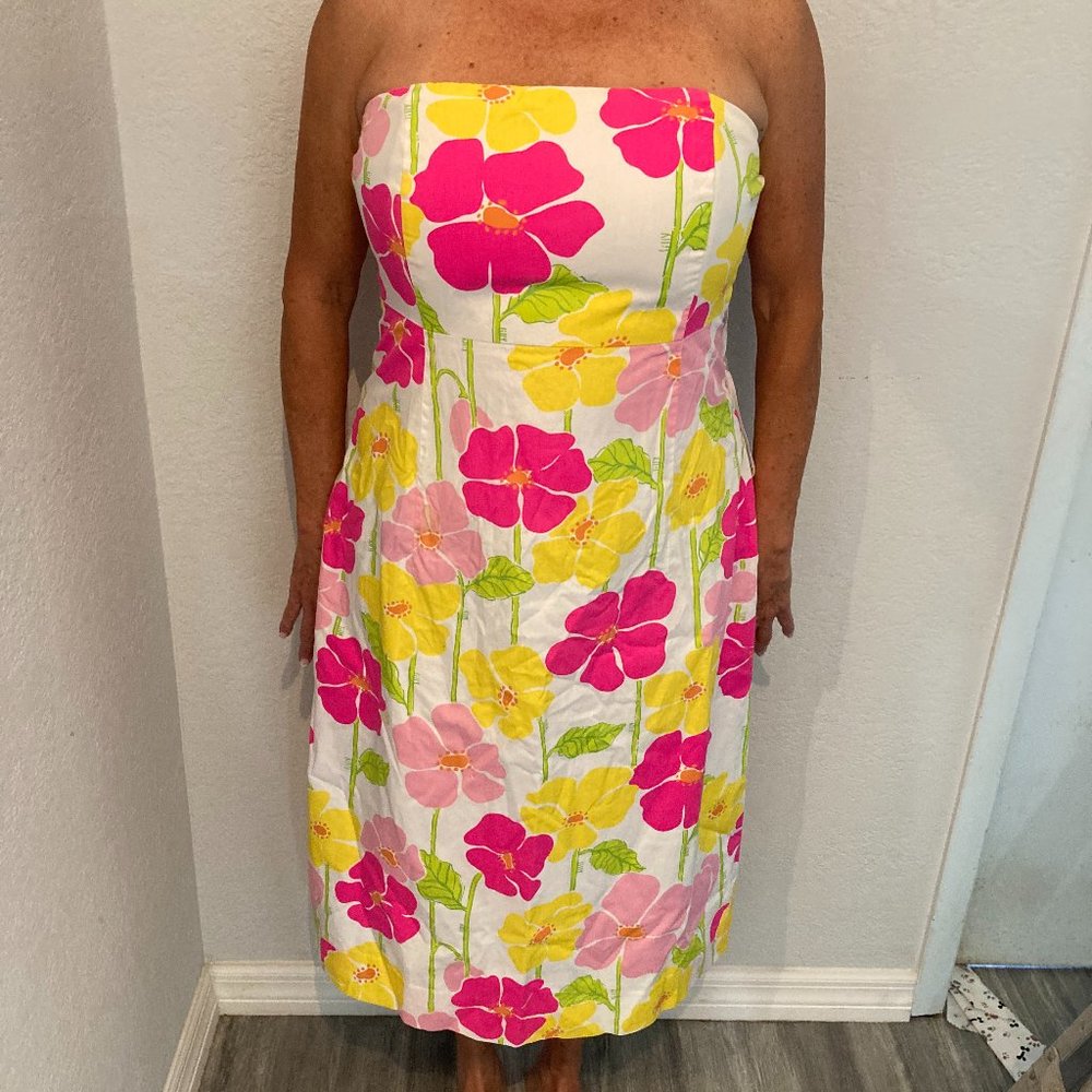 Lilly Pulitzer White Strapless Floral Sundress - Pink, Yellow, Green